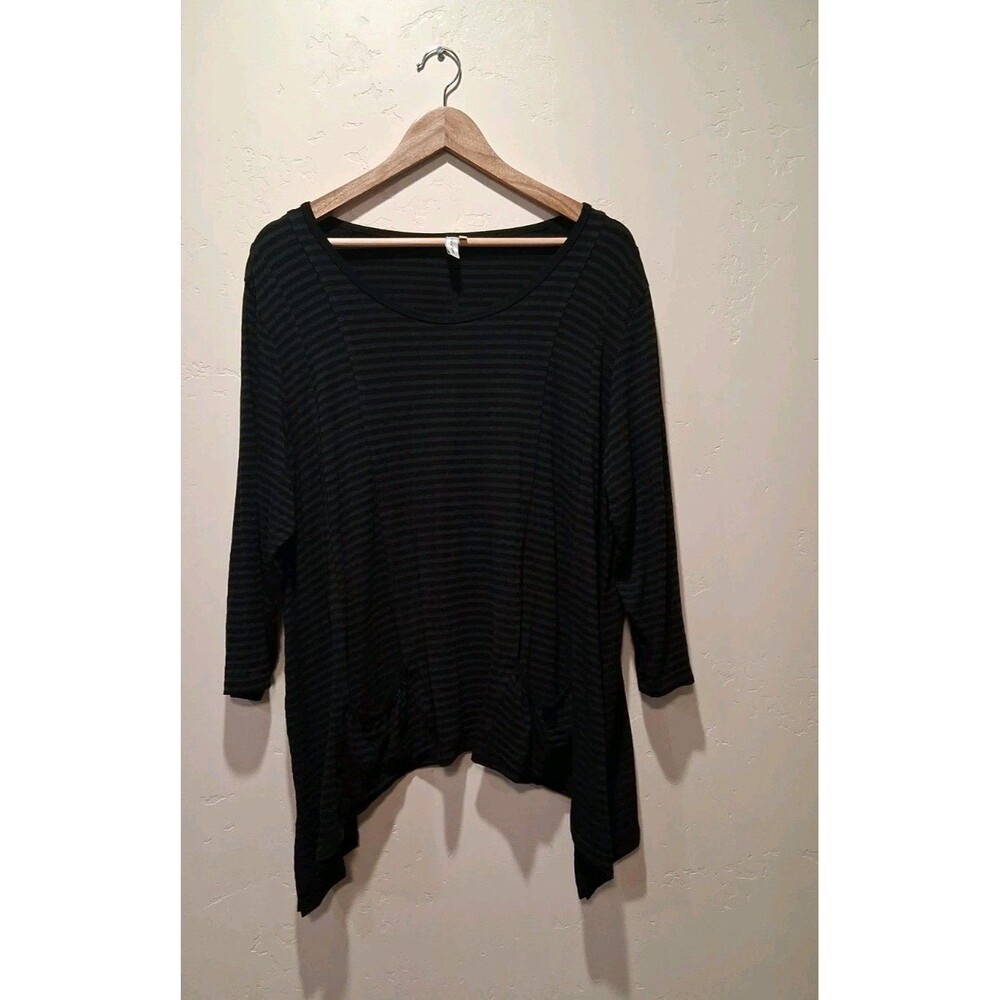 Heartstring XL Black Gray Striped Tunic Pockets 3/4 Slv Sharkbite Hem Lagenlook